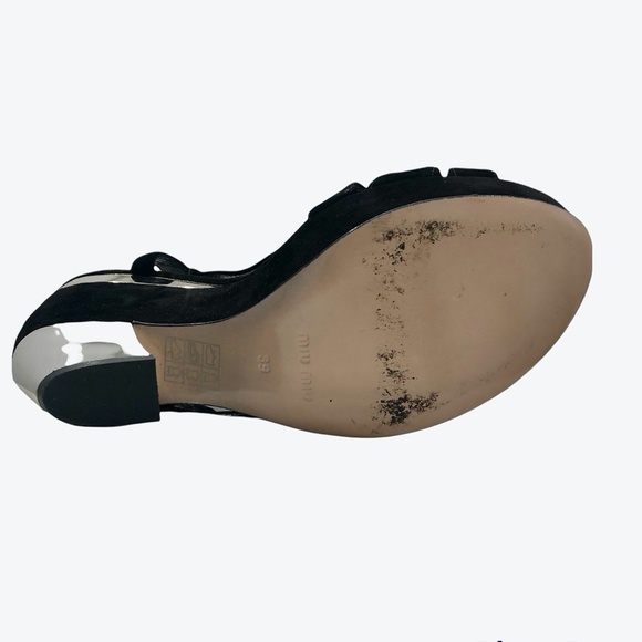 MIU MIU BLACK SUEDE AND MIRROR PLATFORM SANDALS - Picture 14 of 16